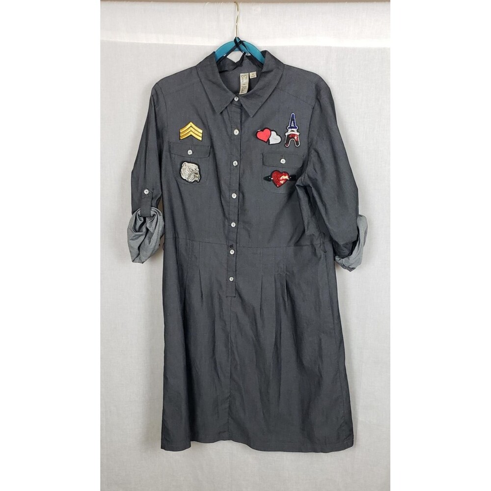Emma & Michele Dress 16 Dark Gray Button Front Artsy Patch Twee Back‎ To School